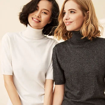 

Spring decoration high collar short-sleeved knit shirt female elastic bottoming sweater pure color half-sleeved women's clothing