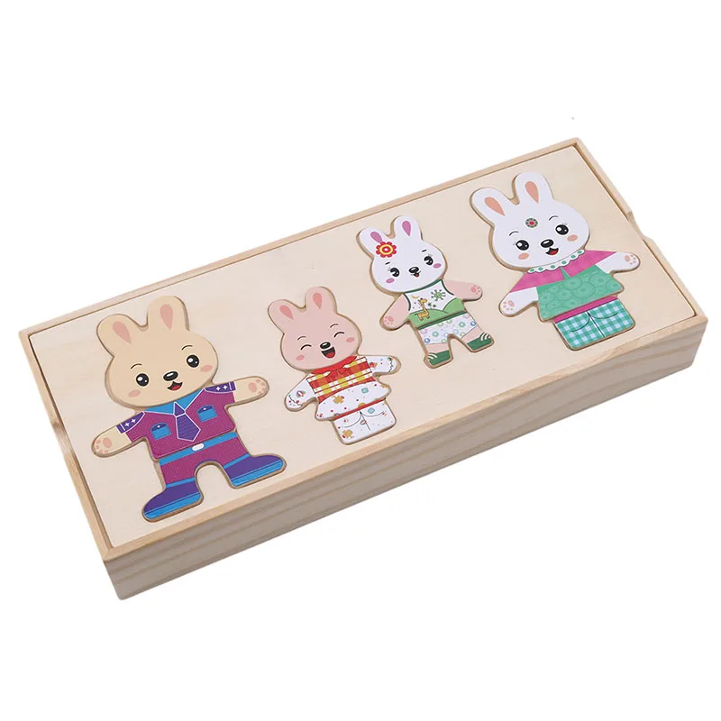 Милая мультяшная деревянная игрушка кролик меняющая одежду паззлы Обучающие платья меняющие паззлы игрушки для детей