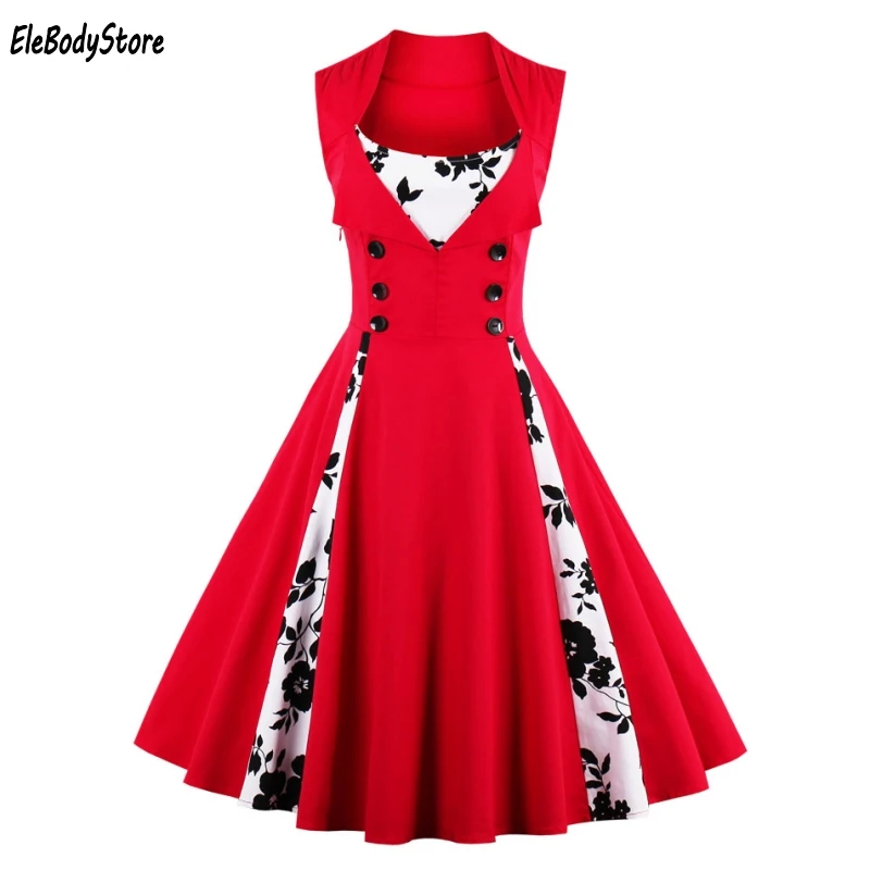 

EleBodyStore 2018 Vintage Dress Summer Women Dresses Vestidos Casual Woman Red Patchwork Retro Party 50s 60s Clothing 3XL 4XL