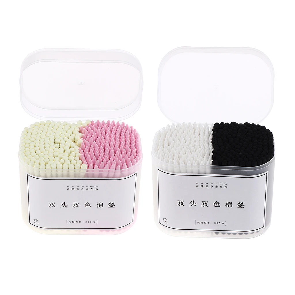 300Pcs Double Headed Paper Stick Cotton Swabs Buds Round Pointed Spiral Tips Makeup Tools, 2 Colors