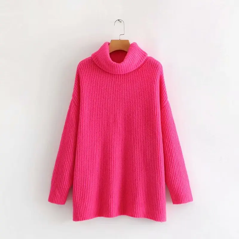 2021 Fashion Women Neon Sweater Knitted Green Fuchsia Pink Solid Turtleneck Pullovers Long