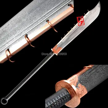 

Red Copper Fitting Chinese WuShu 9*Rings Broadsword Dao Sword Katana Sharp Damascus Steel Wide Blade Fighting Long Knife