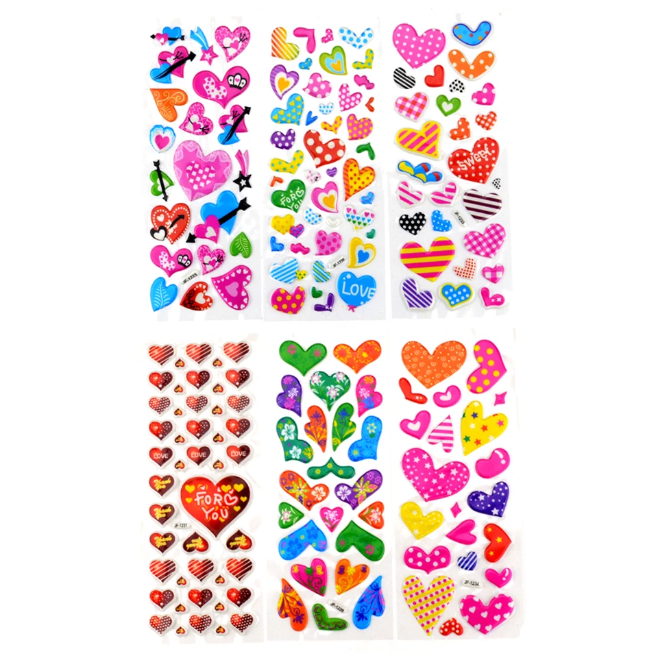 

6pcs Different Sheets Heart Cute Stickers For Girls Laptop Diary Phone Puffy Sticker Kids Reward Sticker For Children Toys Gift