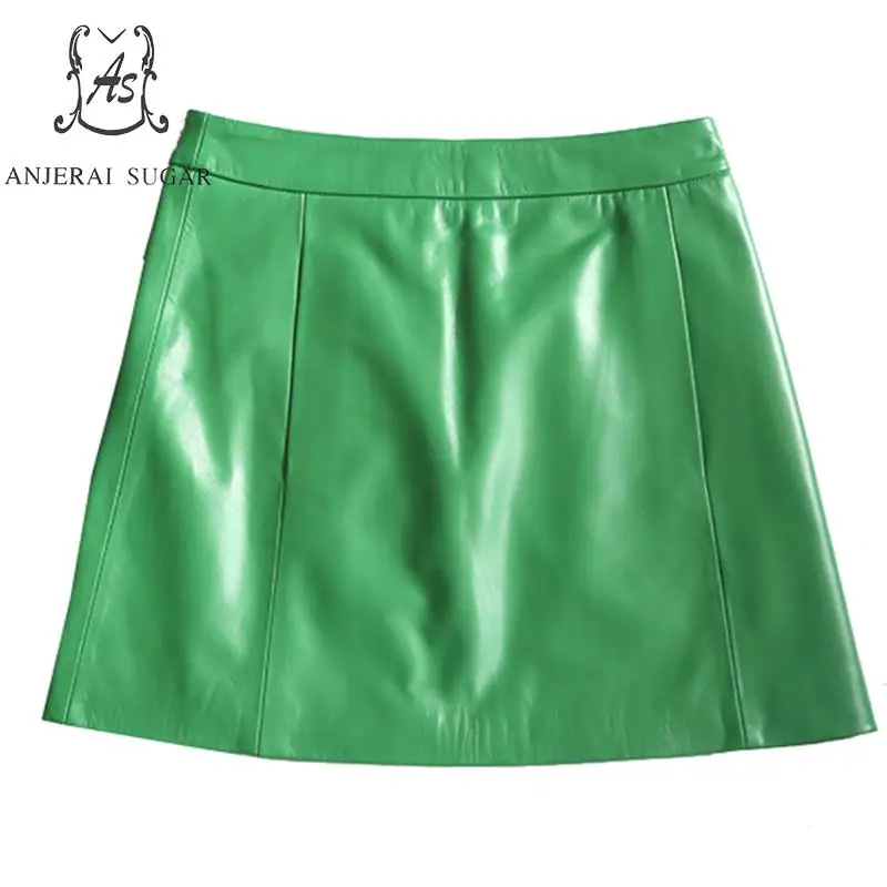 Autumn Genuine leather skirts women sexy Emerald green Package hip OL