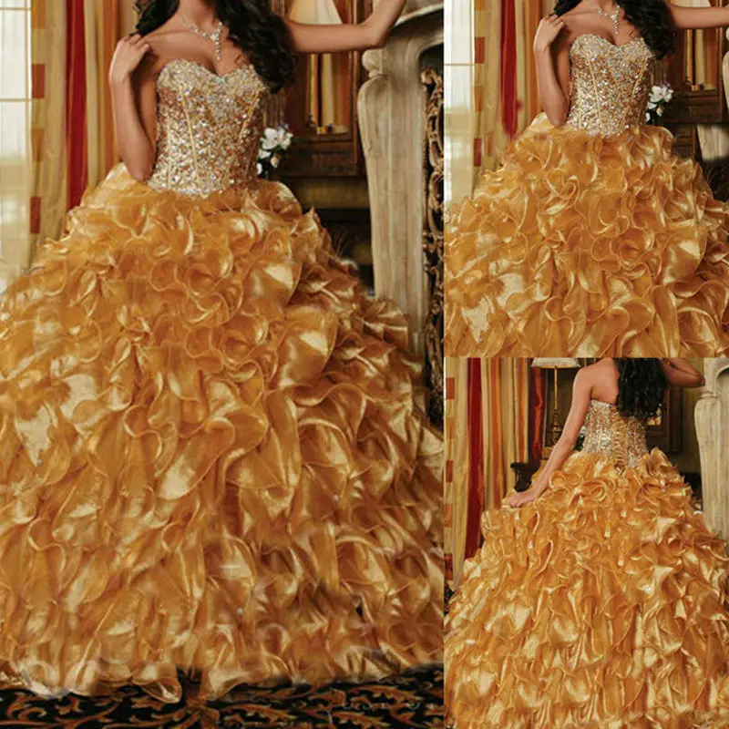 

Ball Gown Quinceanera Dresses 2019 Gold Organza Tiered Crystals Sweet 16 Dresses vestido de 15 anos robe de bal doce baile dulce