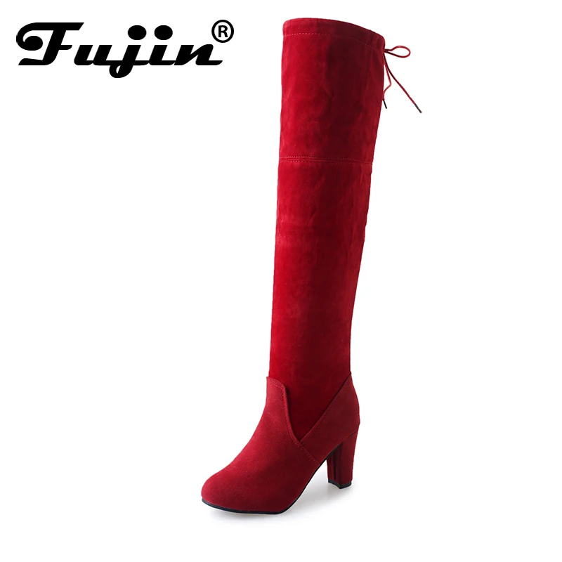 

Fujin Women Boots Sexy Over knee High Heels Faux Suede Chunky Thigh High Boots Stretch Over the Knee Boots Woman Shoes Plus Size