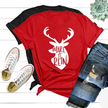 

ONSEME Christmas T Shirt Women Make it Rein Letter Cute Top Kawaii Shirts Summer Short Sleeve Deer Graphic Tees Women Q-778