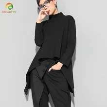 Черные рубашки для женщин с длинным рукавом Свободные Повседневное для футболки негабаритных водолазка Твердые Нерегулярные Хем