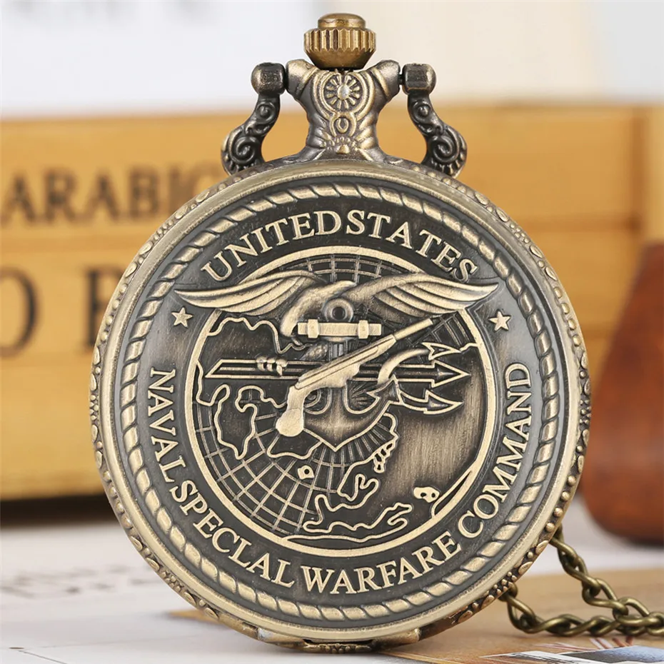 

US Navy Special Operations Command Display Quartz Pocket Watch Bronze Pendant Clock Necklace Watch for Men Women Vintage Watch