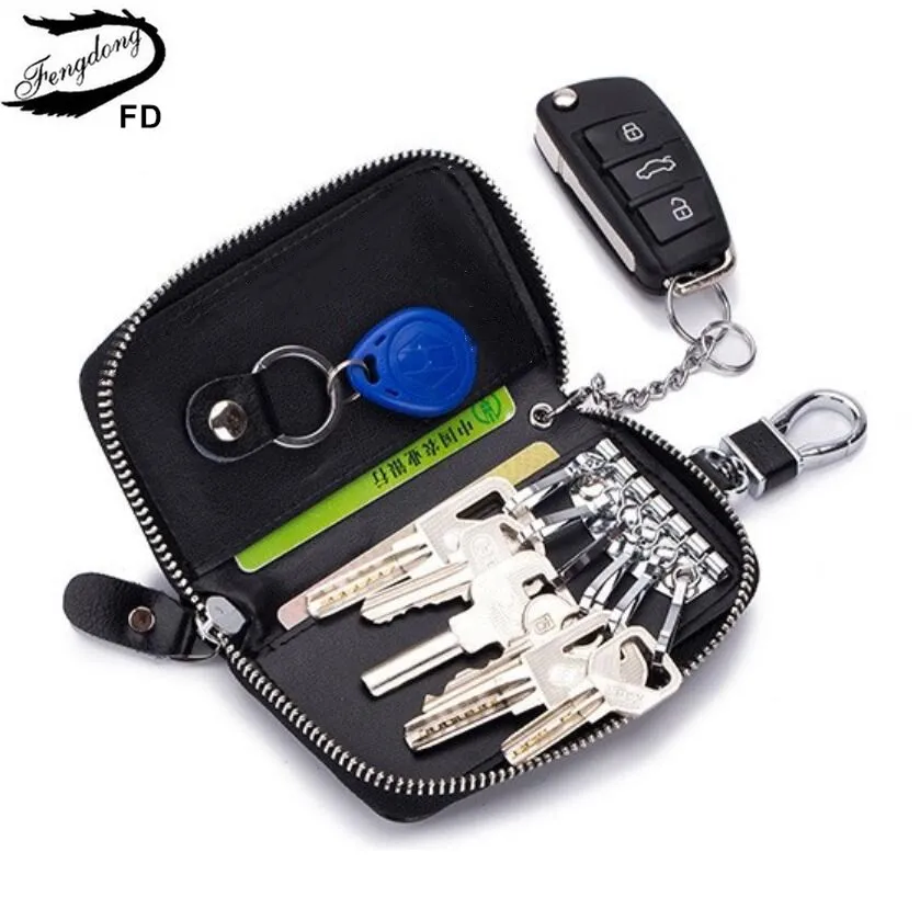 

Fengdong men car key case mini card holder organizer women housekeeper organized 6 ring keychain leather key wallet zipper bag