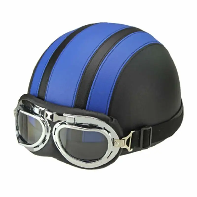 

Men Women Motorcycle Helmet Open Face Bike Bicycle Helmet Scooter Half Leather Helmet with Visor Goggles Retro 54-60cm, Blue