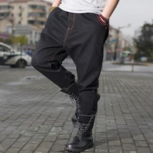 ANBOLUO Hip-hop loose jeans Washing cotton black Young men Hanging crotch collapse pants Plus fat code Low waist jeans 46 44 42