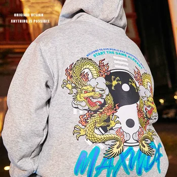

Original Tide Chinese Style Men's Sweatshirt Longteng Printing Hip Hop Super Loose Hooded Sweatshirt Men
