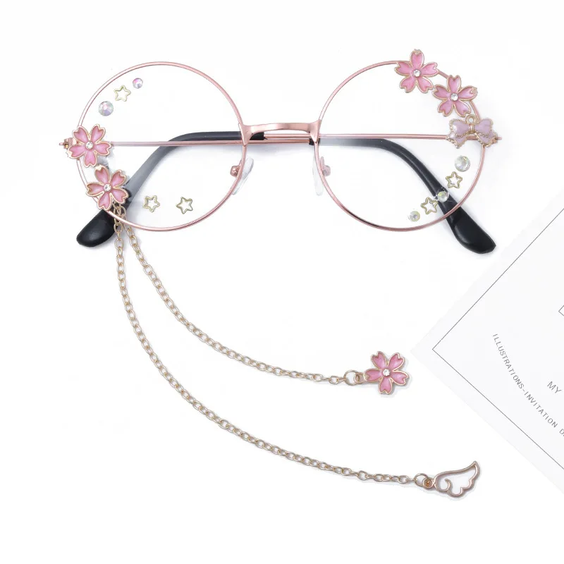 

Cute Sakura Wing Pendant Clear Optical Glasses Frame Women Round Girls Retro Gothic Handmade Eyewear Bowknot Glass Oculos Gafas