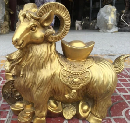 

JP S0187 15" Chinese Brass Bronze Feng Shui Wealth Yuanbao Money Ru Yi Sheep Goat Statue Discount 35%