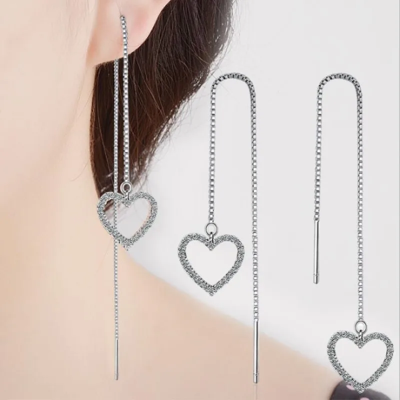 

Fashion Personality 925 Sterling Silver Jewelry Tassel Crystal Long Section Love Heart Temperament Dangle Earrings SE357
