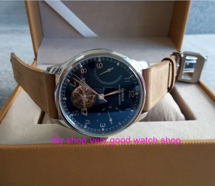 

43mm PARNIS Blue dial power reserve Automatic Self-Wind Mechanical movement men's watch Leather Starps zdgd31a