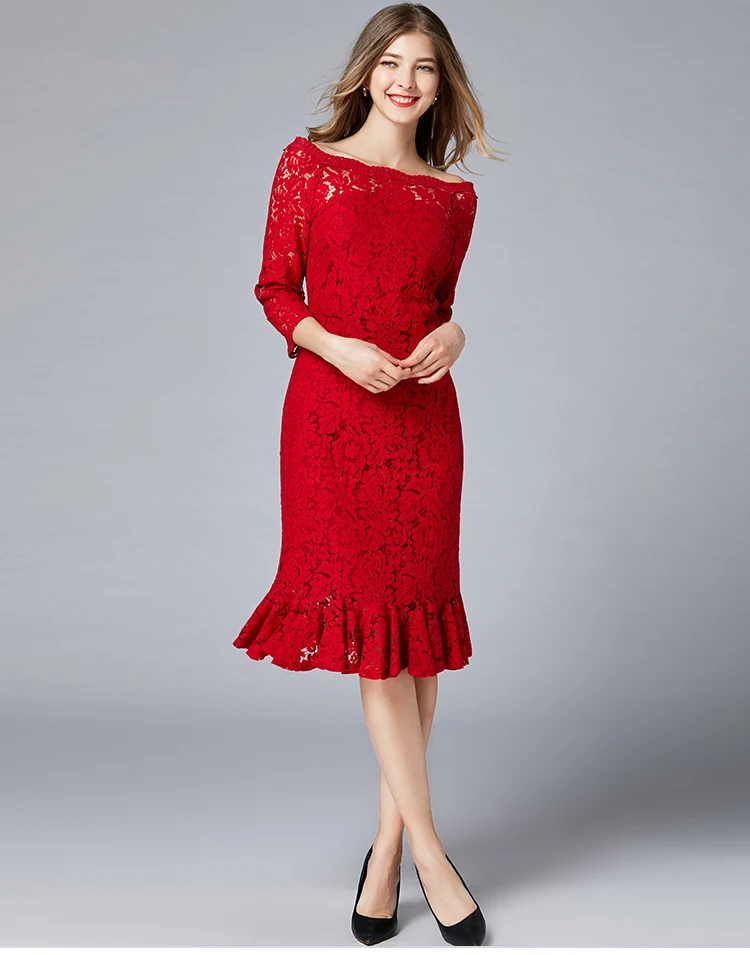 Весенние открытые кружевные платья размера плюс с вырезом лодочкой элегантные женские цветочные кружевные вечерние платья русалки красного цвета