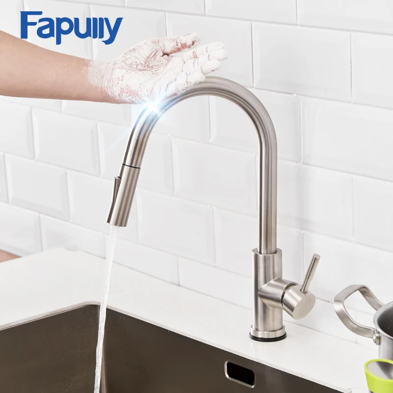 

Fapully High Arc Brushed Nickel Touch Control Sensor Kitchen Faucet Pull Out Cock Mixer Pull Down Smart Kitchen Sensor Faucet