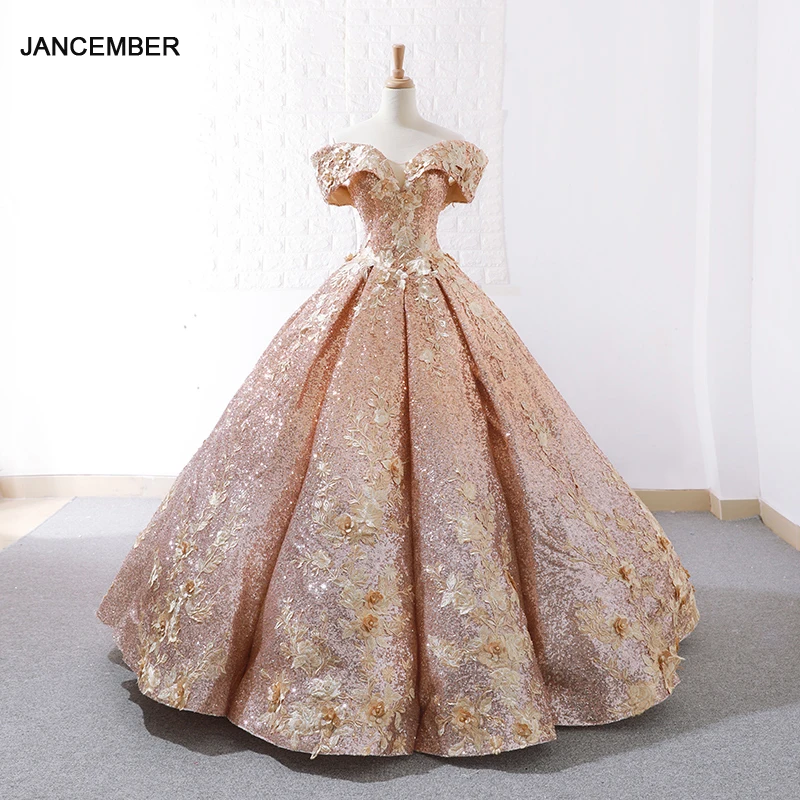 J66536C jancember Золотое вечернее платье с открытыми плечами, с аппликацией, длина до пола, распухшие вечерние платья, robe de soiree