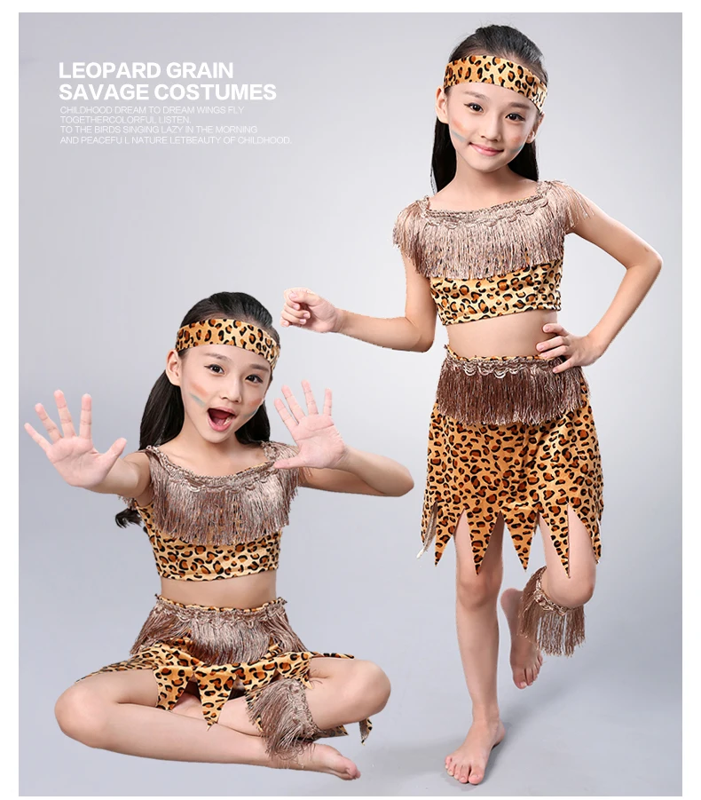 Kid Halloween Girl Savage Costumes Boy Savage Indian Girl Leopard Stage Performance Props Child Hunter Flintstones Primitive
