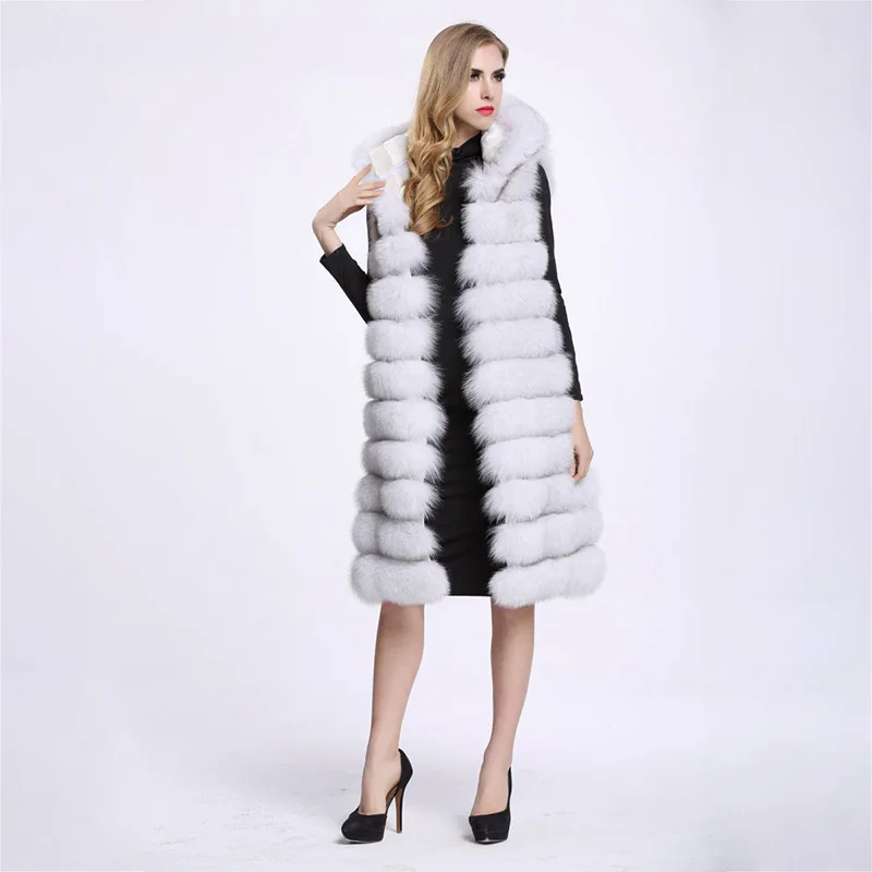 Silver Real Fox Fur Vest Winter Women New Casual Warm Coat Slim long Sleeveless Ladies Fur Jacket Outerwear