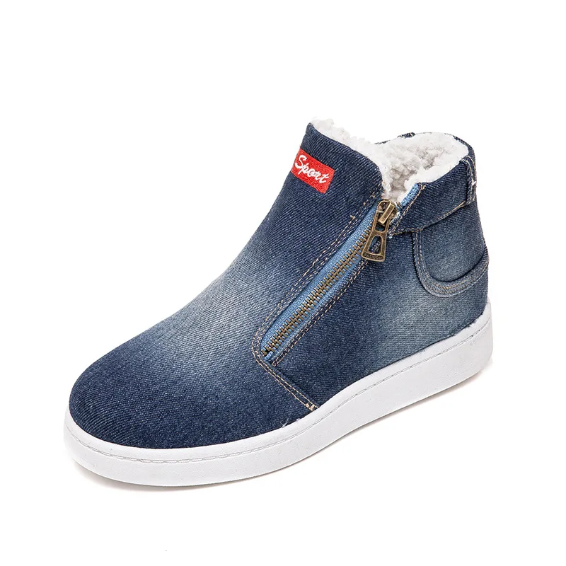 

Women's Denim Snow Boots Winter Warm Fleeces Classic High Top Flat Ankle Boots Women Casual Platform Side Zipper Female Boots