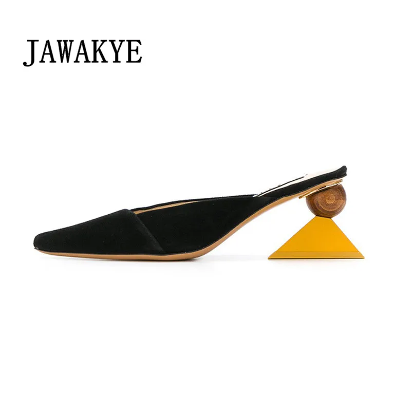 

Newest Designer Suede High heels Slippers Women Asymmetric building blocks heel Slippers Casual Party Wear Baotou Muller Shoes