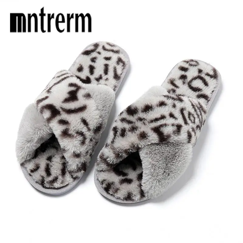 

Mntrerm 2019 New Plush Slippers Cross Cotton Slippers Female Non-Slip Warm Ladies Leopard Slippers For Family Gift