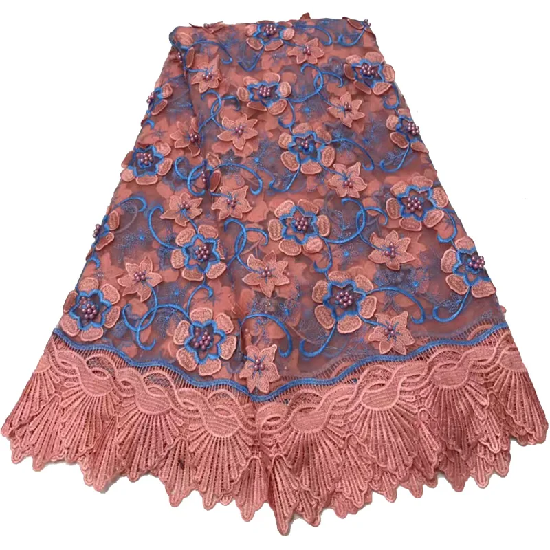 

Free shipping (5yards/pc) high quality peach African French net lace fabric with 3D flowers and beads for party dress FLV31