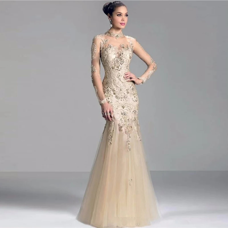 

vestido de noiva Champagne High neck Evening 2019 Tulle Mermaid Long Sleeves Sheer Back Zipper Prom DMother of the Bride Dress