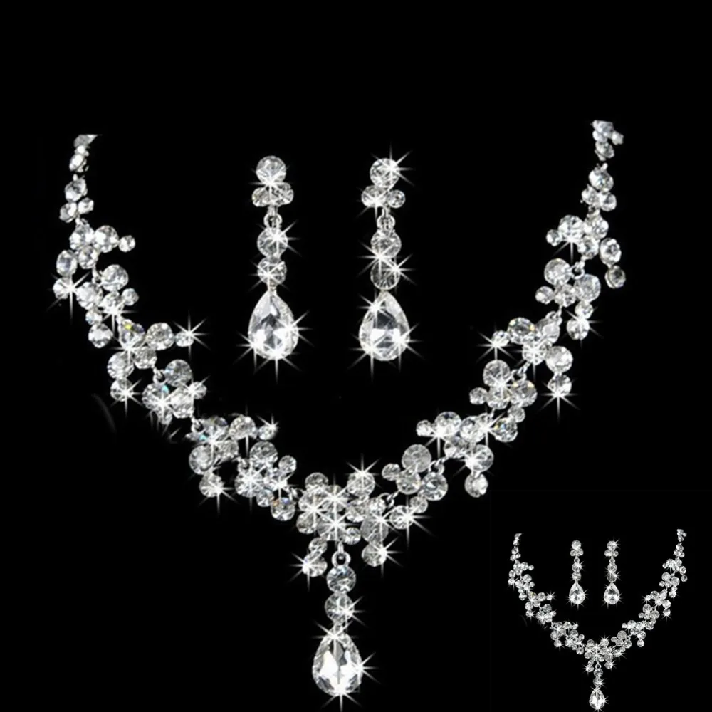 

Crystal Wedding Bridal Jewelry Sets Silver Color Rhinestone Wedding Jewelry Necklace Earring Sets for Women #273946