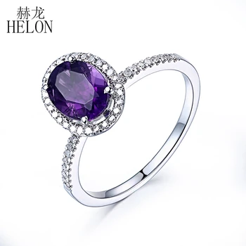 

HELON Flawless Oval 8X6mm Amethyst Ring Solid 10K White Gold Natural Diamonds Engagement Wedding Gemstone Trendy Jewelry Ring
