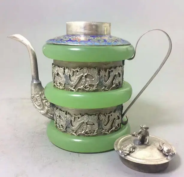 

CHINESE TIBET SIVER HANDWORK DRAGON OLD GREEN JADE TEAPOT