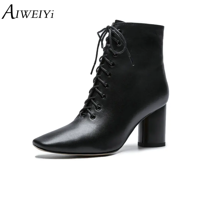 

AIWEIYi Martin Boots for Women Black Green Thick High Heels Autumn Winter Ankle Boots Lace Up Platform Shoes Motorcycle Boots