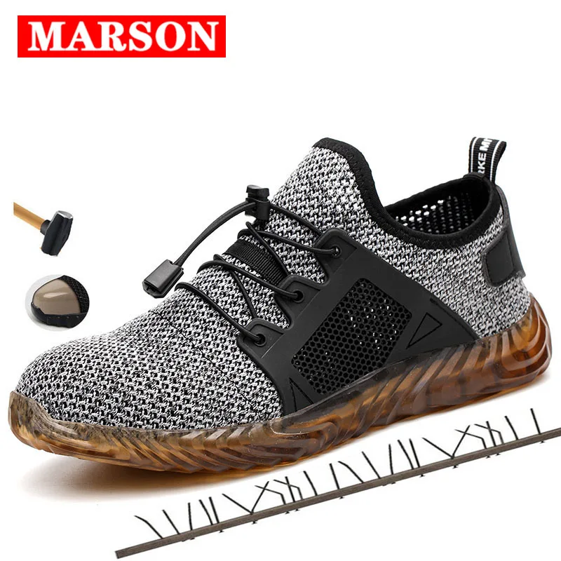 MARSON-Sapatos masculinos de segurança em malha respirável, tênis leve, toe de aço indestrutível, botas de trabalho macias, tamanho grande