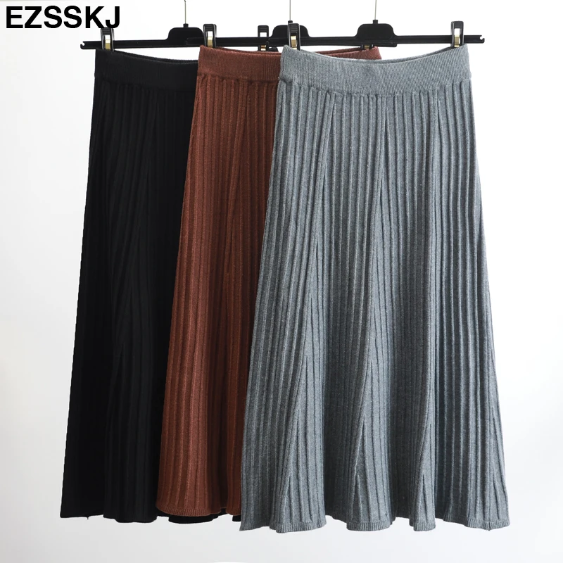 

high quality thick sweater skirt women female long pleated Office Lady skirt high waist A-line skirt autumn winter skirts warm