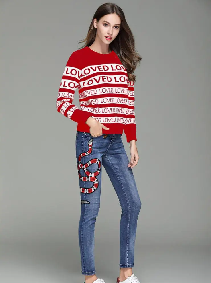 Брендовые Подиумные пуловеры, свитера для женщин, Красный Полосатый любимый свитер с вышивкой, жаккардовый трикотаж, mujer invierno pull femme hiver