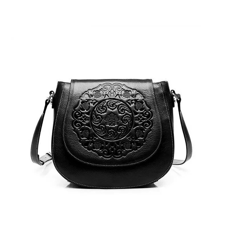 Высокое качество цветок мягкий винтажный Модный чехол открытие женские сумки на плечо из натуральной кожи аппликации китайский стиль седельная сумка - Цвет: Черный