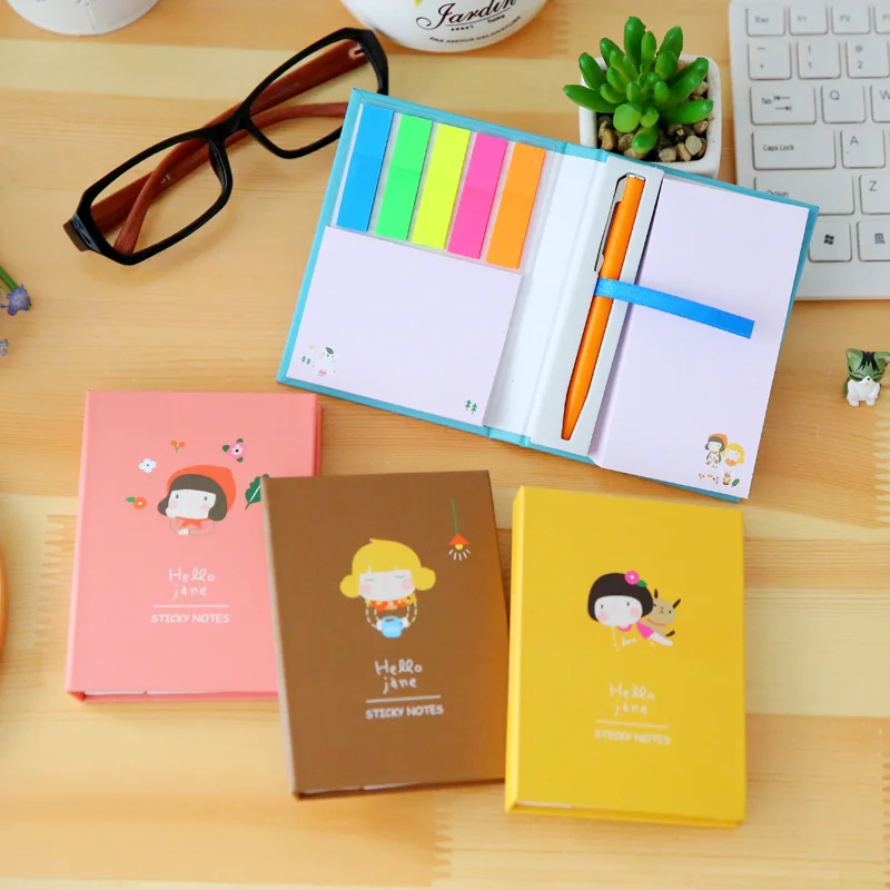 

Korean Hello Jane Creative Hardcover Memo Pad Post It Notepad Sticky Notes Stationery Diary Notebook Office School Supplies Pen