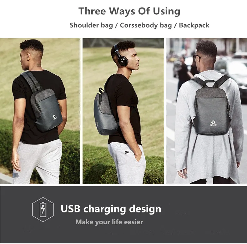 OZUKO Multifunction Shoulder Crossbody Bag Waterproof Messenger Bags Chest Pack Men Fashion Male Chest Bags USB Charging Travel