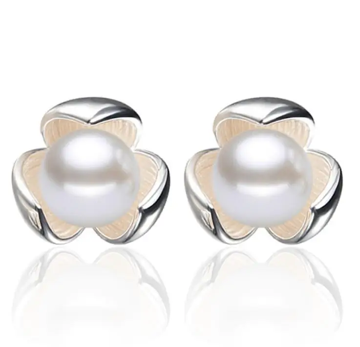 

925 Sterling Silver Earrings Full Crystal Imitation Pearl lucky Flower Black Red Gems Stone Stud Earrings S-E143
