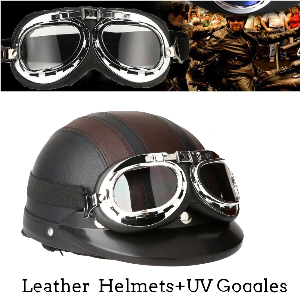 

KKmoon Motorcycle Helmet Synthetic Leathe half Casque Moto Unisex Motocross Helmets With Visor Goggles Adjustable Capacete