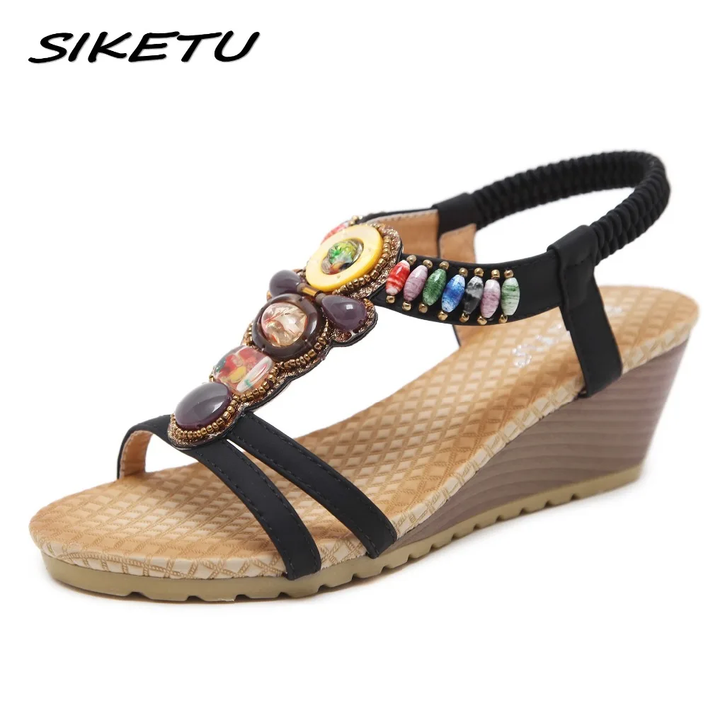 

SIKETU 2019 Summer Women Wedge Gladiator sandals Shoes Women Ankle Strap Bohemia String bead Beach Open Toe Black Sandals 35-42