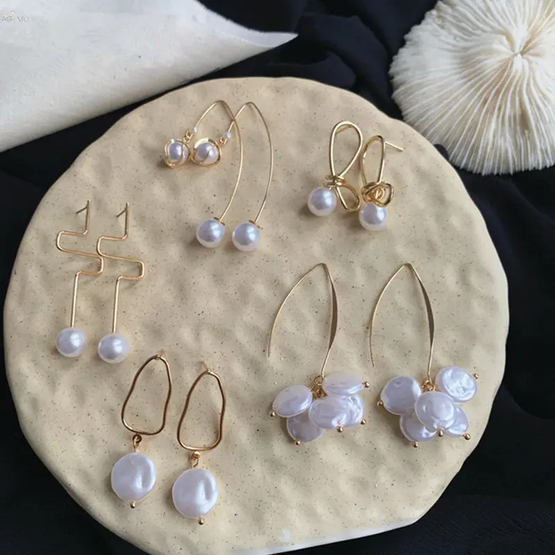 

AOMU Korean Geometric Irregular Metal Long Tassel Earrings Dangle Earring For Women Natural Pearl Drop Earring Jewelry Set