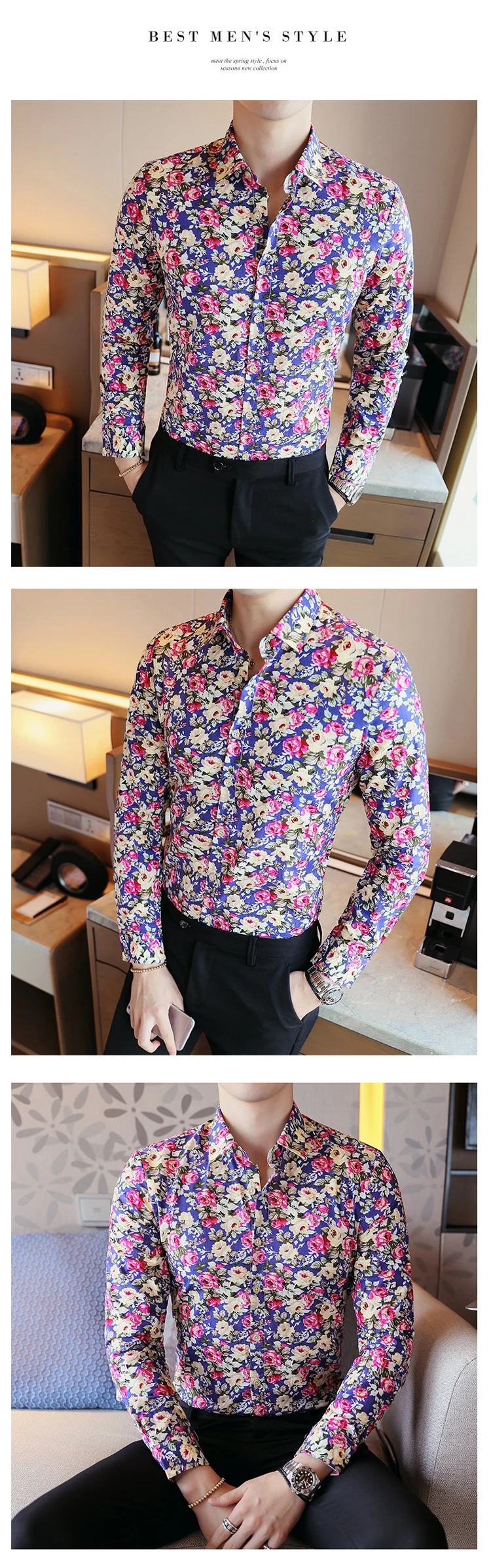 Men's Shirts Retro Floral Printed Man Casual Slim Shirt Fashion Classic Men Dress Shirt Men's Long Sleeve Brand Clothing