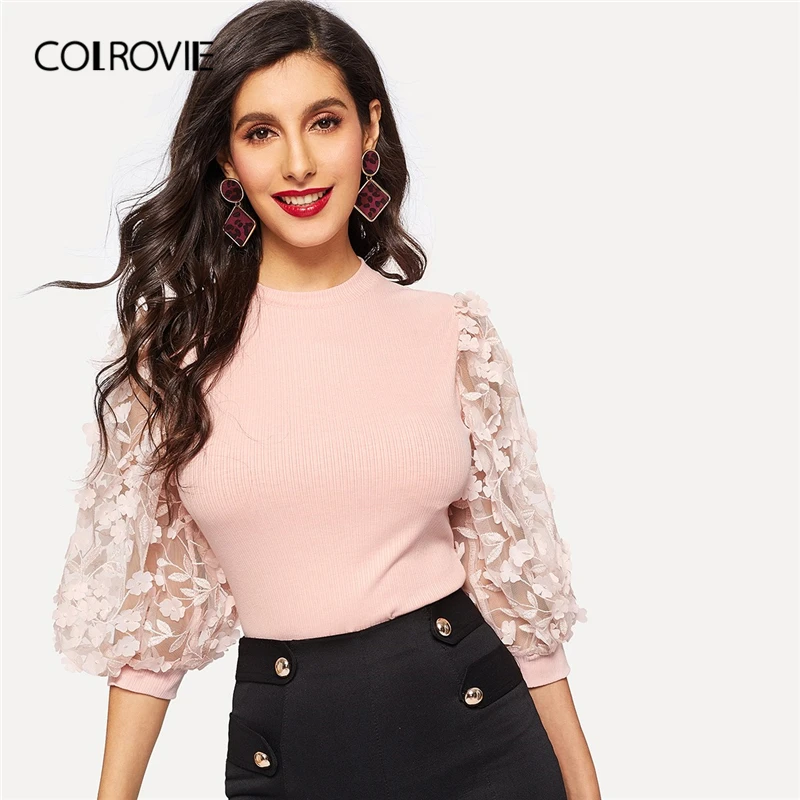 

COLROVIE Pink Bishop Sleeve Lace Appliques Elegant T Shirt Women Top 2019 Workwear Office Ladies Tee Shirts Korean Clothes