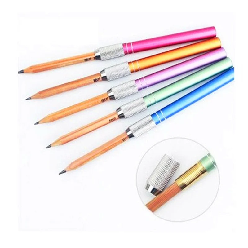 

2 pcs / lot Aluminum Rod Pencil Extender metal multicolor Pencil Extension Cap Writing Instruments For School Office Supplies