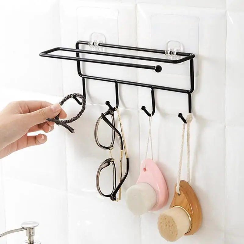 

No Trace Stick Nail-free Strong Wall Hook Multi-functional 4 Hook Hangers Paper Towel Shelf Household Storage Supplies