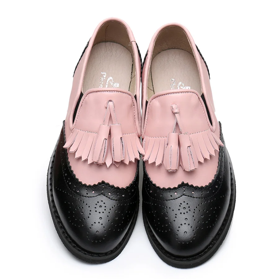 Женские полуботинки из натуральной кожи с бахромой; женские оксфорды; Цвет серебристый, коричневый; ручная работа; винтажная повседневная женская обувь на плоской подошве в стиле ретро - Цвет: black pink